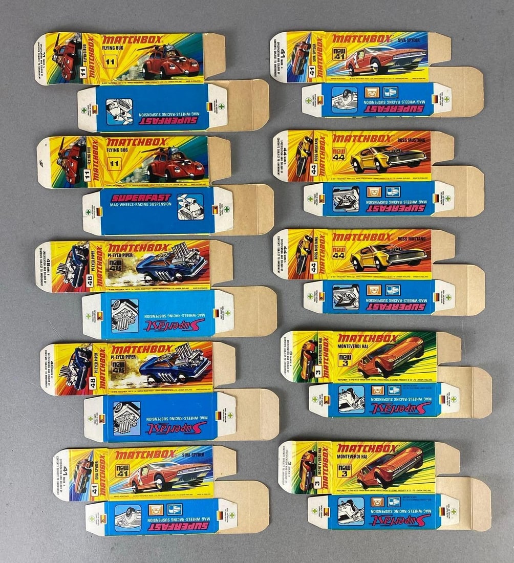 Group of 10 Matchbox Type I Boxes: Includes No. 3 Monteverdi Hai, No. 41 Siva Spyder, No. 44 Boss Mustang, and more.