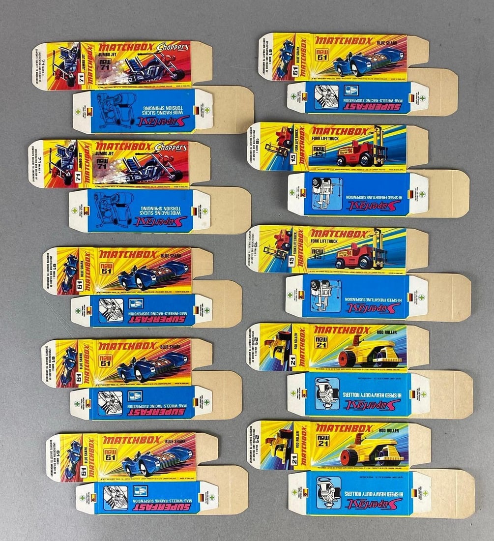 Group of 10 Matchbox Type I Boxes: Includes No. 21 Rod Roller, No. 61 Blue Shark, No. 15 Fork Lift Truck, and No. 71 Jumbo Jet.