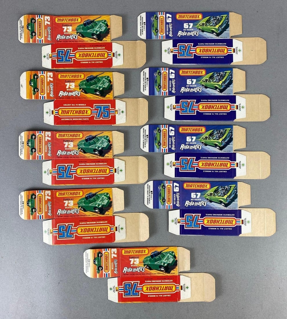 Group of 9 Matchbox Type J Boxes: Includes No. 73 Weasel, and No. 67 Hot Rocker.