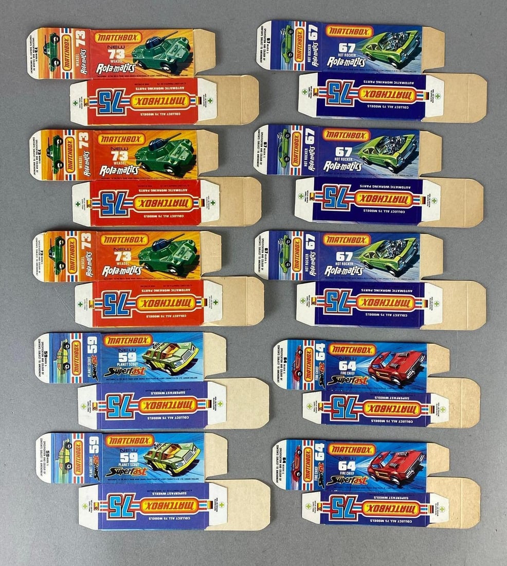 Group of 10 Matchbox Type J Boxes: Includes No. 59 Planet Scout, No. 73 Weasel, No. 64 Fire Chief, and No. 67 Hot Rocker.