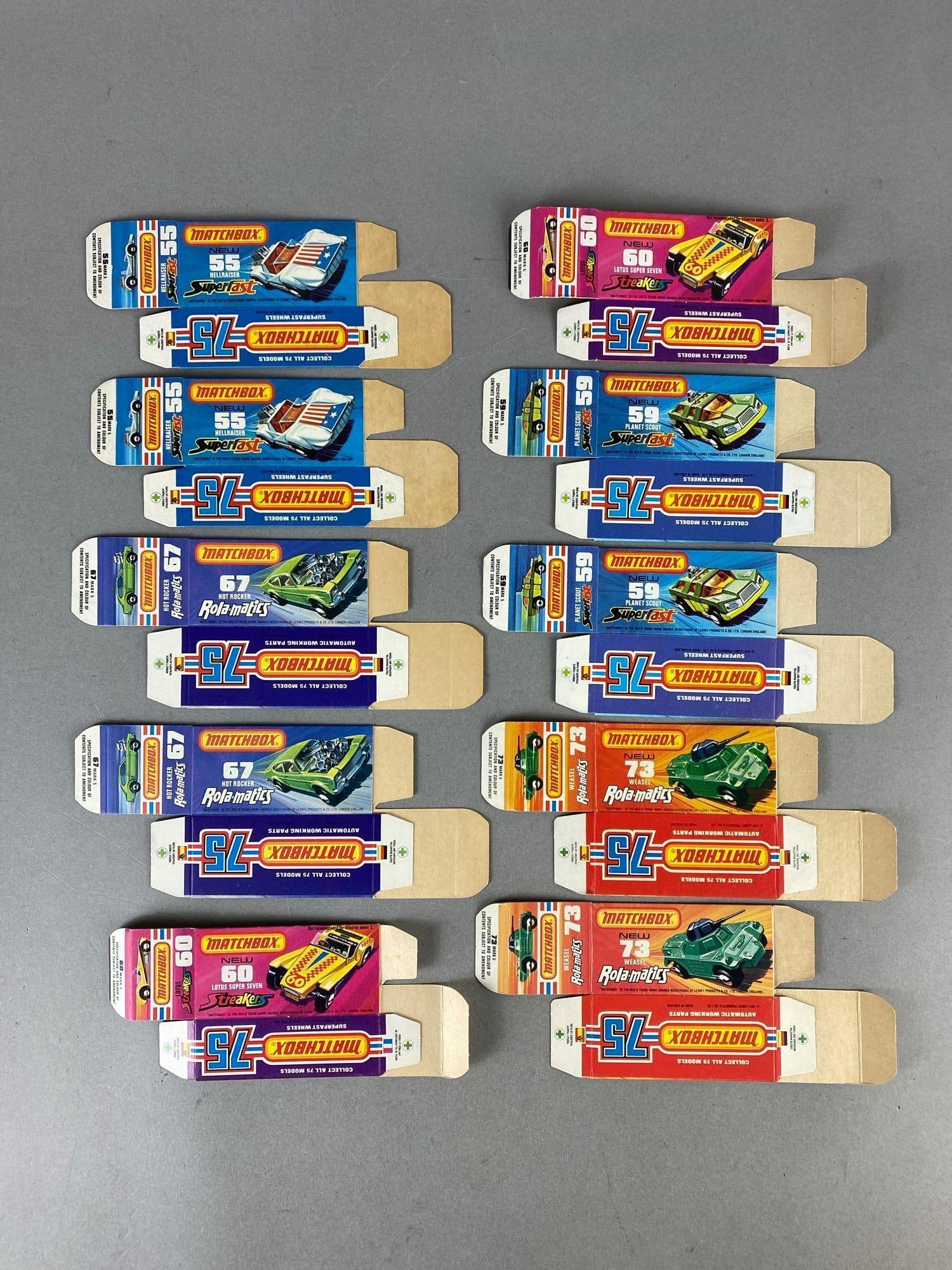 Group of 10 Matchbox Type J Boxes: Includes No. 55 Hellraiser, No. 67 Hot Rocker, No. 60 Lotus Super Seven, and more.