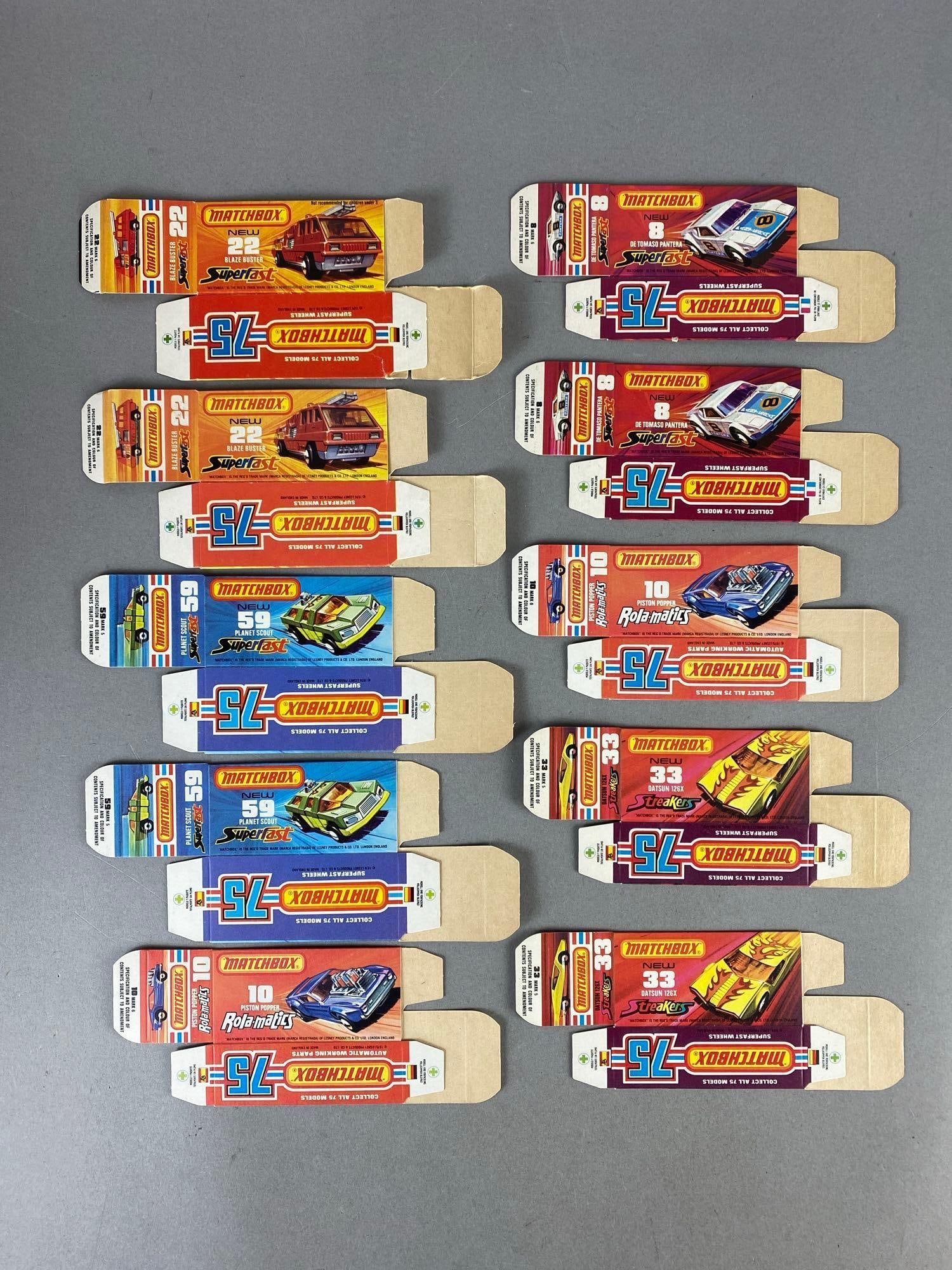 Group of 10 Matchbox Type J Boxes: Includes No. 22 Blaze Buster, No. 59 Planet Scout, No. 10 Piston Popper, and more.