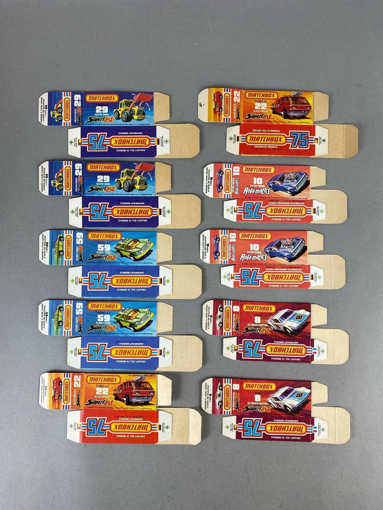 Group of 10 Matchbox Type J Boxes: Includes No. 22 Blaze Buster, No. 29 Tractor Shovel, No. 10 Piston Popper, and more.