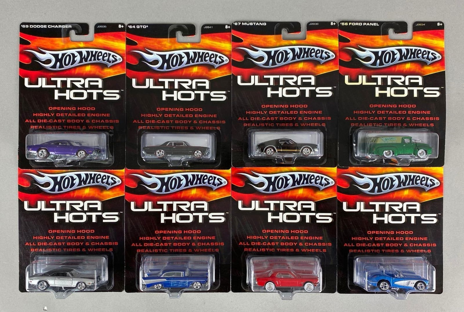 Group of 8 Mattel Hot Wheels Ultra Hots Die-Cast Cars: Sealed, includes 56 ford panel, 67 Mustang, 64 GTO and more