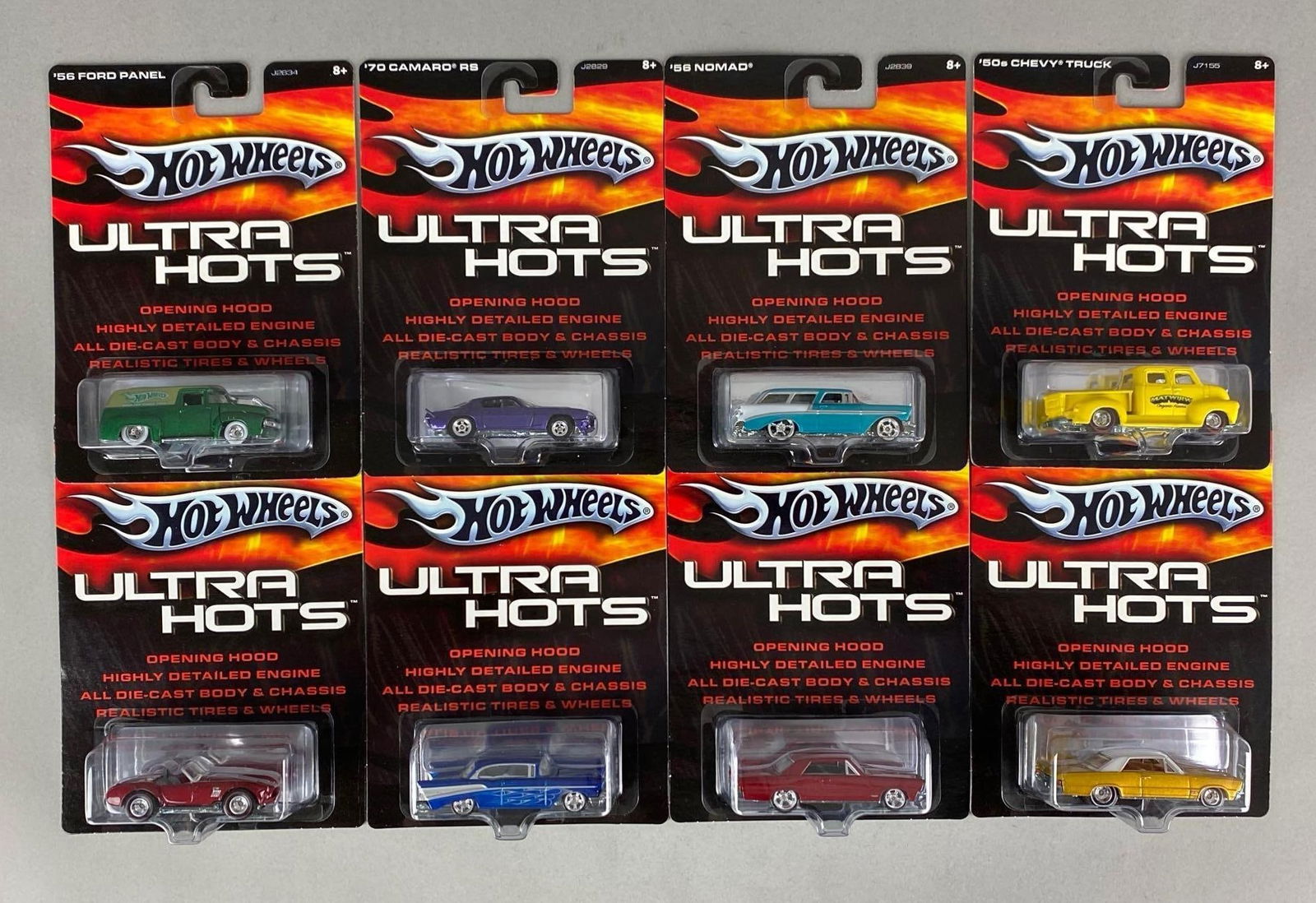 Group of 8 Mattel Hot Wheels Ultra Hots Die-Cast Cars: Sealed, includes 56 nomad, 50s Chevy truck, 70 Camaro RS and more