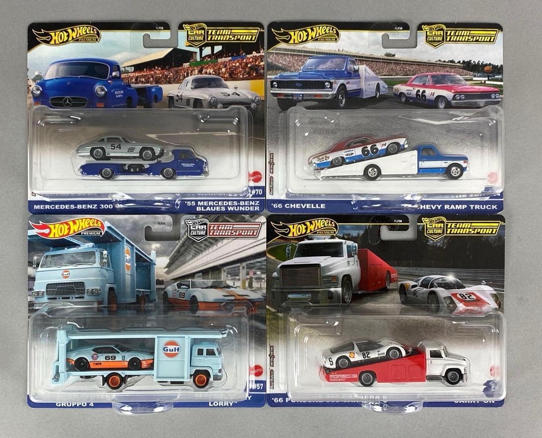 Group of Mattel Hot Wheels Premium Team Transports: Sealed, car culture, includes De Tomaso Gruppo 4 lorry, 66 Porsche 906 Carrera 6 Carry, 66 Chevelle on 72 Chevy ramp truck and Mercedes-Benz 300 SL Om 55 values wunder