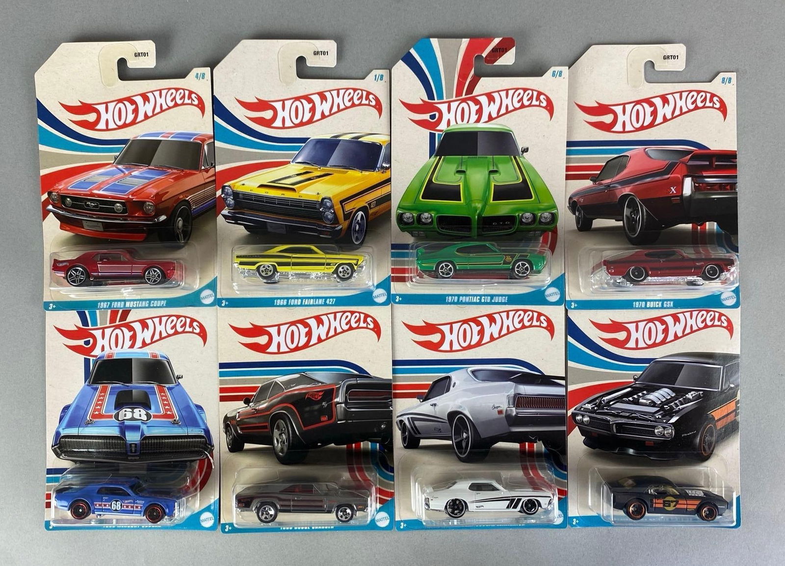 Group of 8 Mattel Hot Wheels American Steel Cars: Die-cast, sealed, includes 1970 Pontiac GTO judge, 1970 Buick GSX, custom 1967 Pontiac Firebird and more
