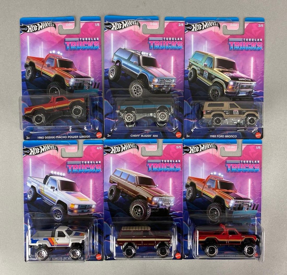 Set of 6 Mattel Hot Wheels Tubular Trucks: Die-Cast, sealed, includes No. 1 - 5 from the series, 2 copies of No. 1