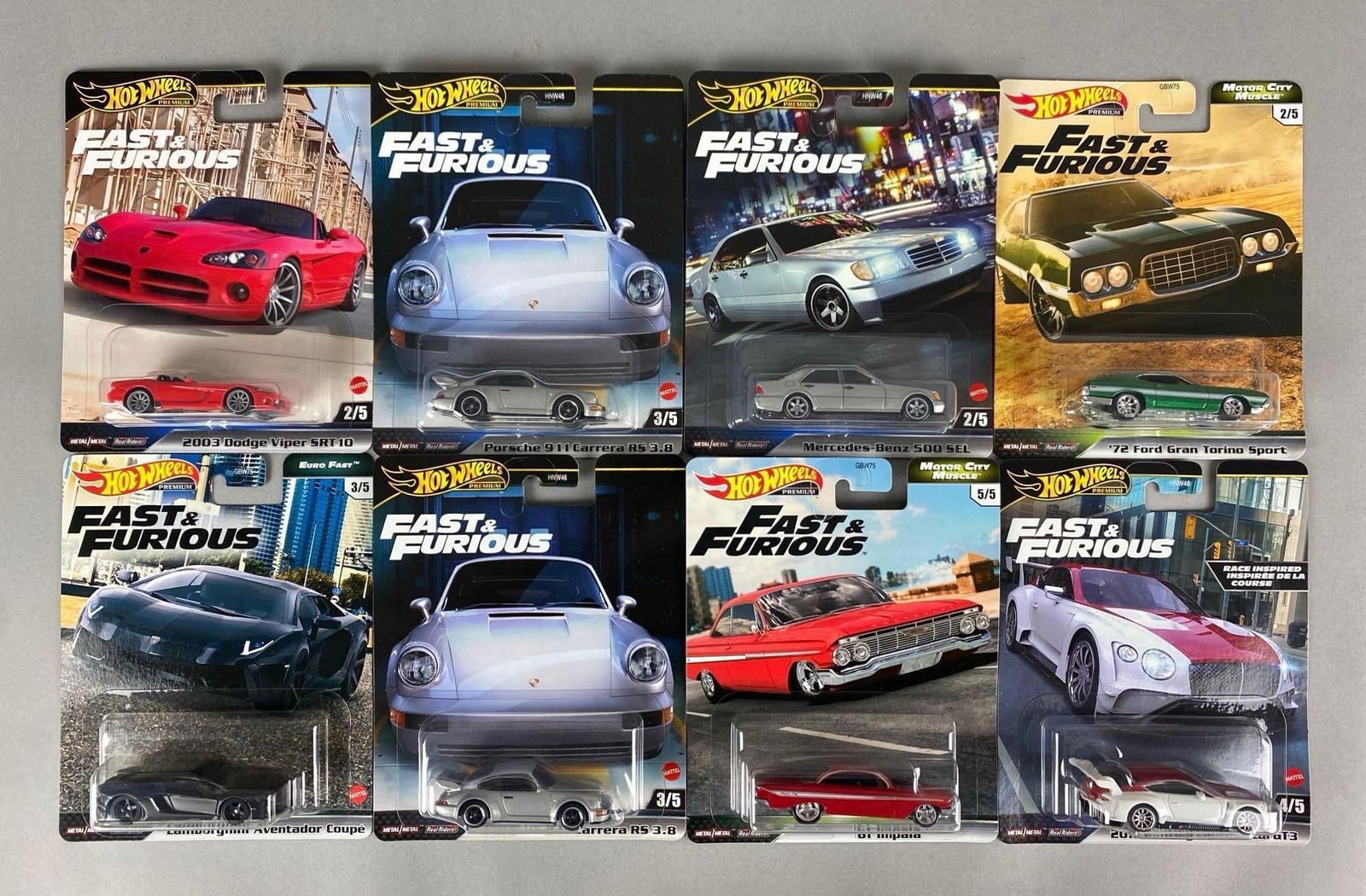 Group of 8 Mattel Hot Wheels Fast and Furious Cars: die-cast, sealed, includes Lamborghini Aventador Coupe, Porsche 91 Carrera RS 3.8, 61 Impala and more