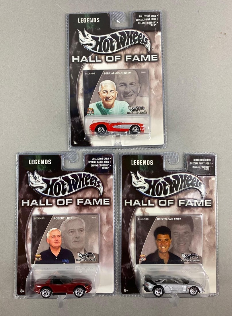 Group of 3 Mattel Hot Wheels Hall of Fame Legends Die-Cast Cars: In original packaging. Includes Robert Lutz, Reeves Callaway and Zoe’s Arkus Duntov.