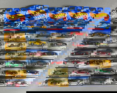 Group of 30 Mattel Hot Wheels Die-Cast Cars: Sealed, includes 1997 corvette, 1956 ford truck, Mustang cobra and more