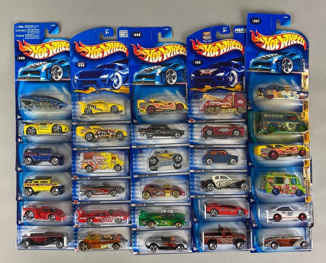 Group of 30 Mattel Hot Wheels Die-Cast Cars: Sealed, includes tropicool, Porche 911 carrera, Nash metropolitan and more