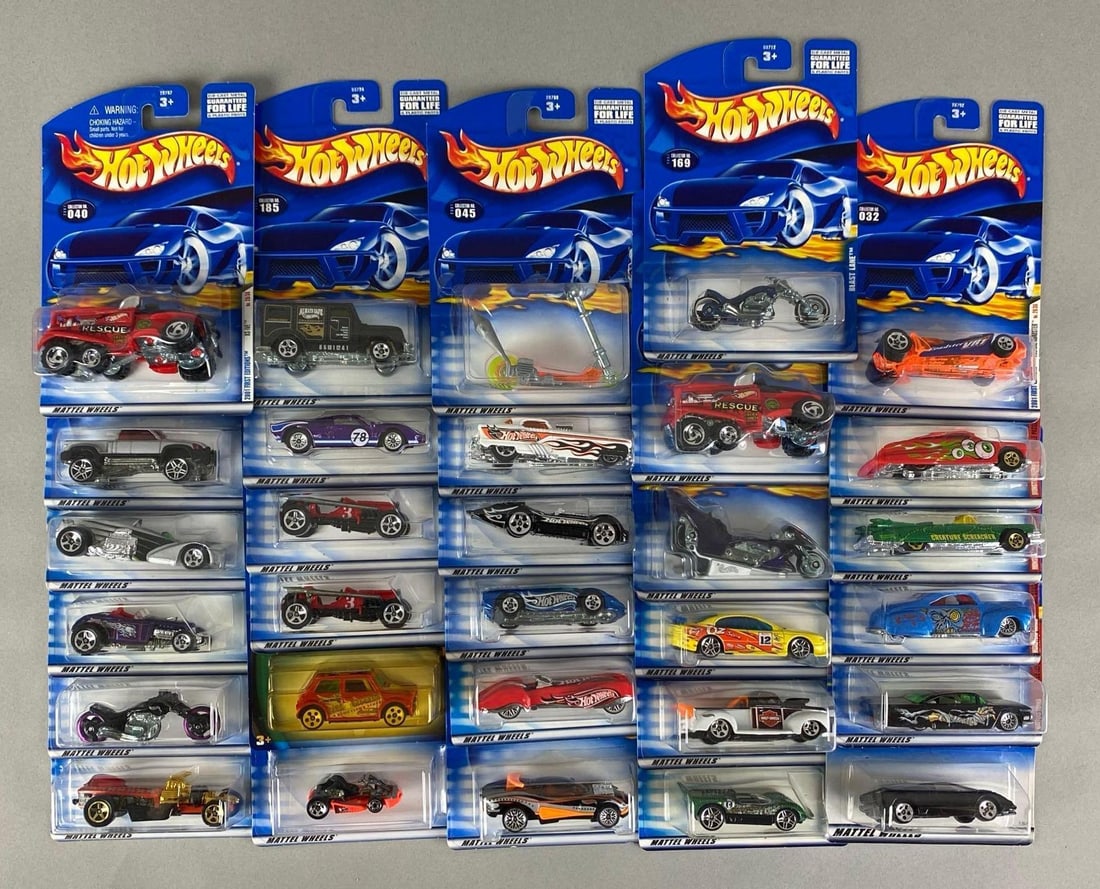 Group of 30 Mattel Hot Wheels Die-Cast Cars: Sealed, includes vulture roadster, Purple Passion, XS-IVE, blast lane and more