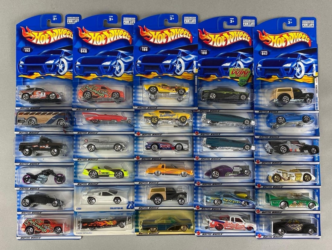 Group of 30 Mattel Hot Wheels Die-Cast Cars: Sealed, includes Morris wagon, Ferrari f40, Rodger dodger and more