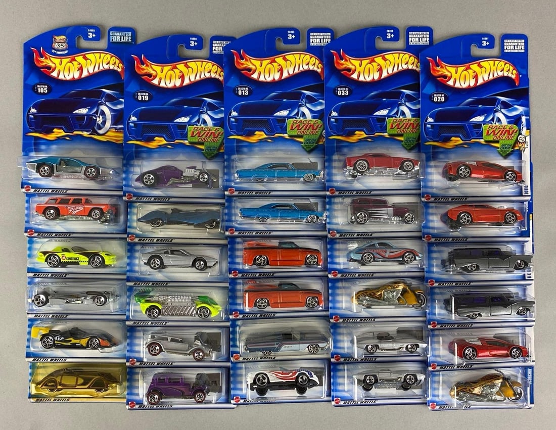 Group of 30 Mattel Hot Wheels Die-Cast Cars: Sealed, includes ZOTIC, Scorchin, 8 crate and more