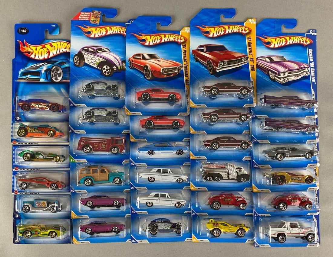 Group of 30 Mattel Hot Wheels Die-Cast Cars: Sealed, includes custom 1959 Cadillac, 1967 Chevelle SS 396, 1967 Pontiac Firebird 400 and more
