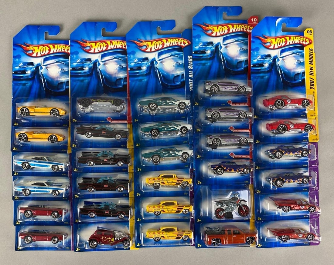 Group of 30 Mattel Hot Wheels Die-Cast Cars: Sealed, includes Shelby cobra Daytona coupe, 1967 Camaro, Ferrari 512m and more