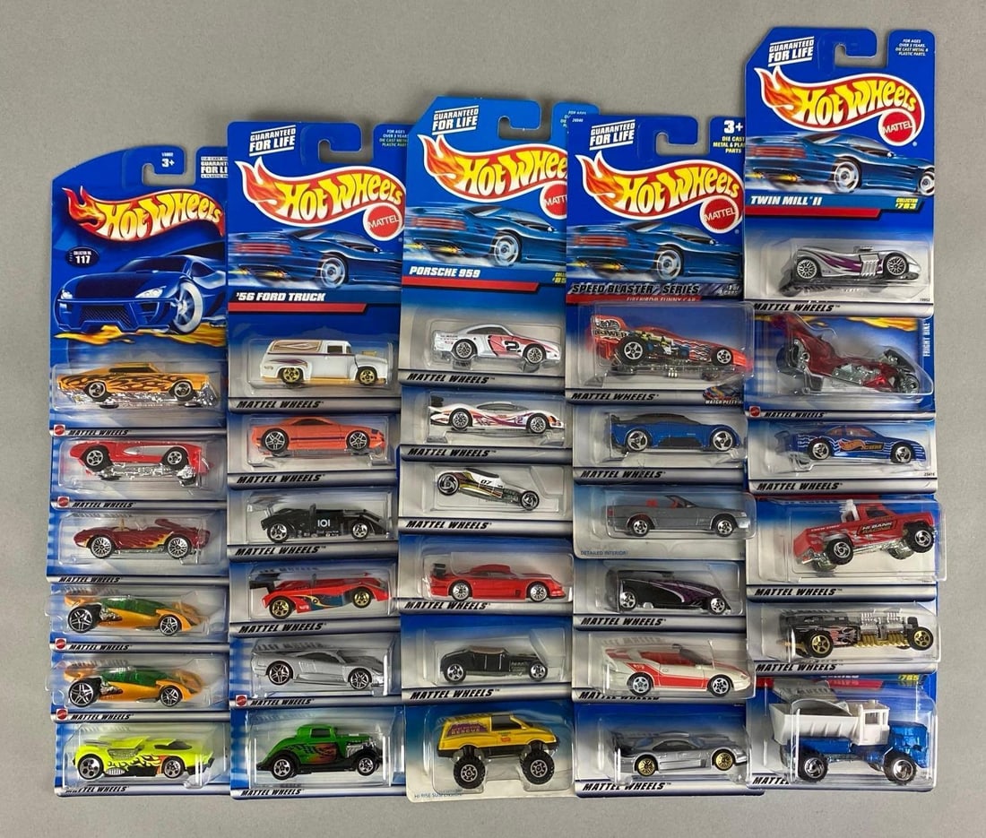 Group of 30 Mattel Hot Wheels Die-Cast Cars: Sealed, includes 1956 Ford Truck, Porsche 959, Tein Mill 2 and more