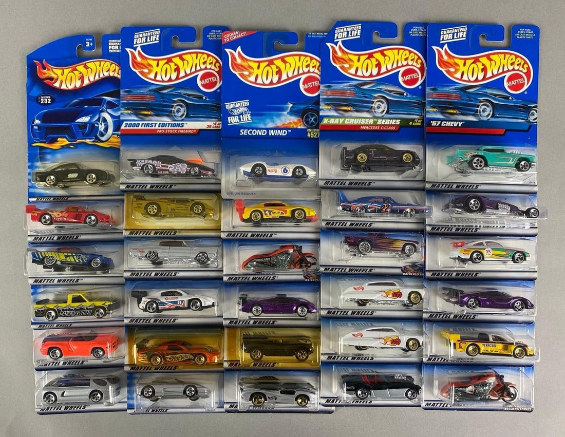 Group of 30 Mattel Hot Wheels Die-Cast Cars: sealed, includes second wind, 1957 Chevy, Mercedes C-Class and more