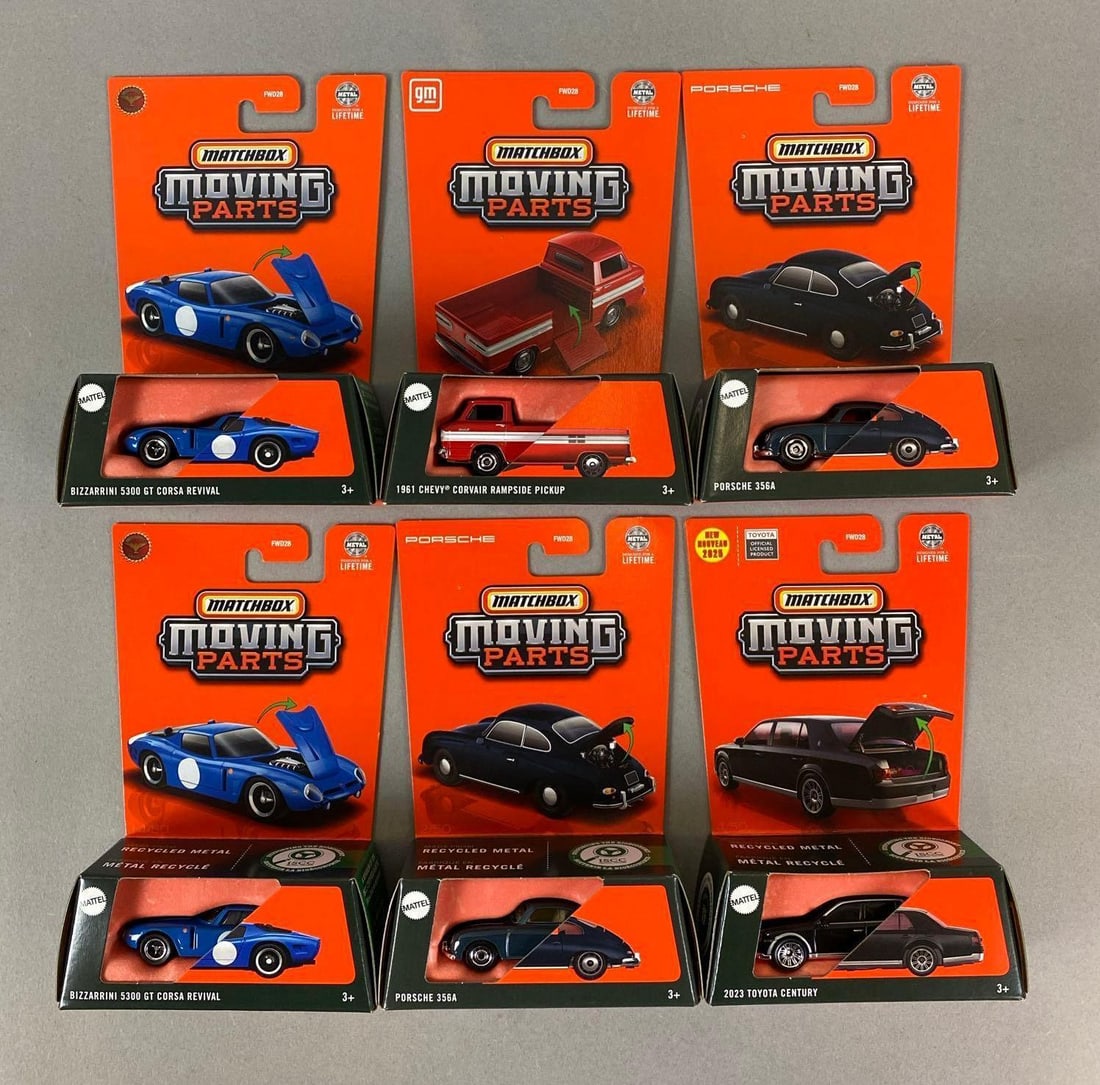 Group of Mattel Matchbox Moving Part Die-Cast Vehicles: 1/64 Scale. In original packaging. Includes 2023 Toyota Century, Porsche 356A, 1961 Chevy Corsair Rampside Pickup and more.