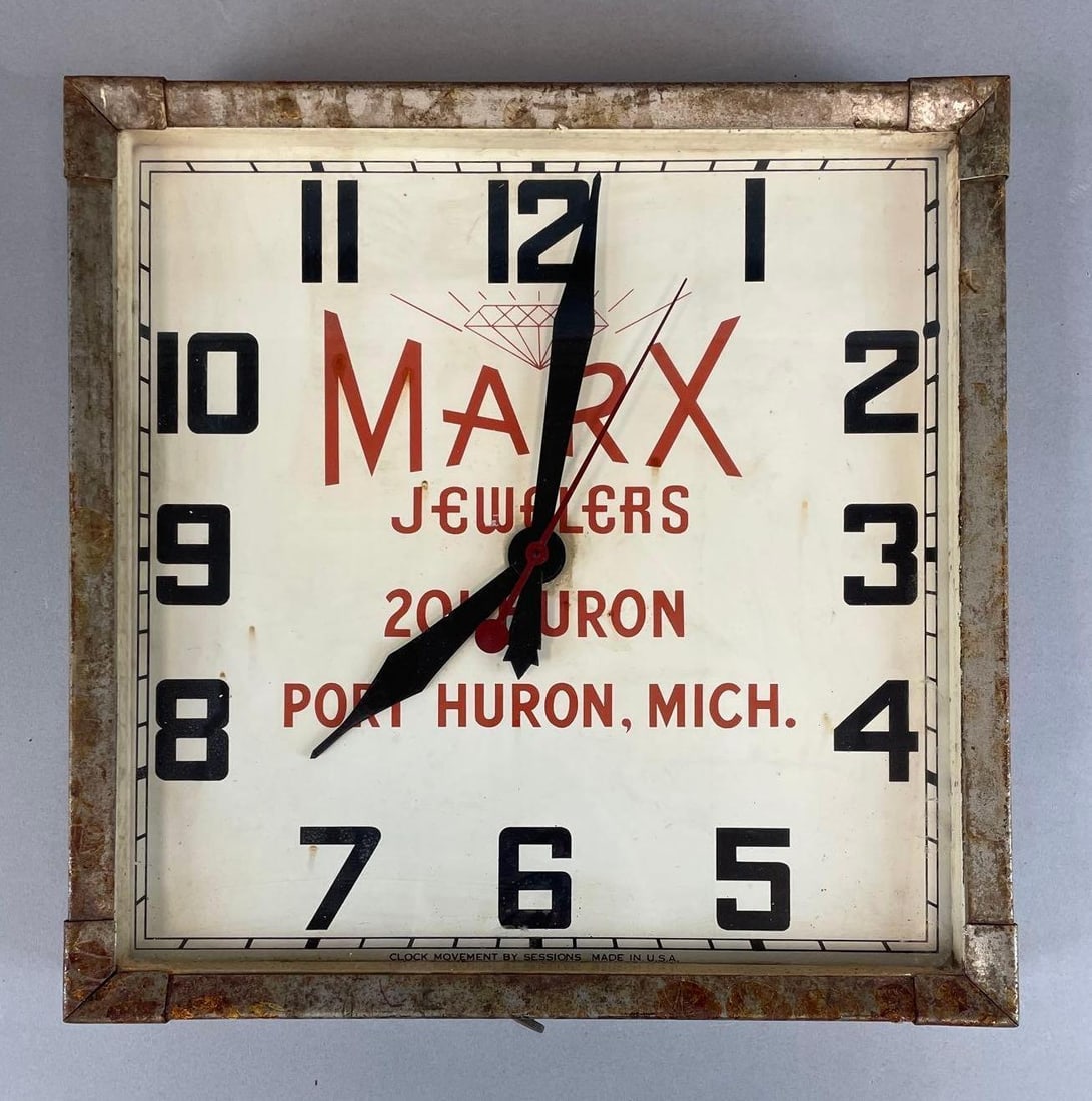 Vintage Marx Jewelers Advertising Clock: Needs rewired, measures 14 1/2 x 14 1/2 x 3 1/4 inches