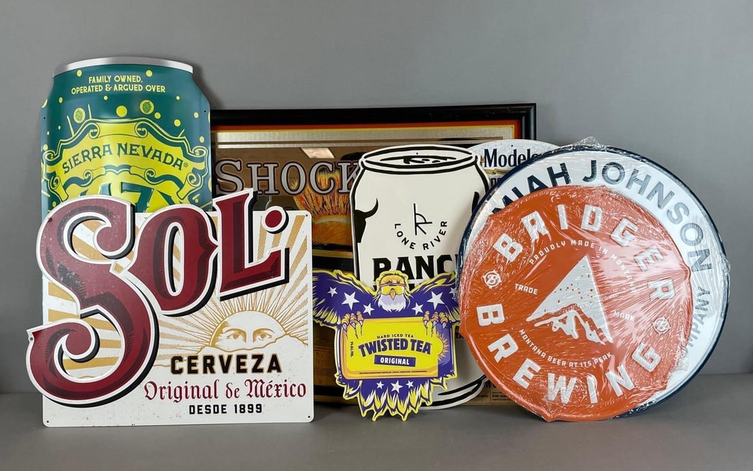 Group of Modern Beer and Alcohol Advertising Signs: Includes modelo, Jose Cuervo, Sierra Nevada, shock top mirror measures 19 1/2 x 25 1/2 inches