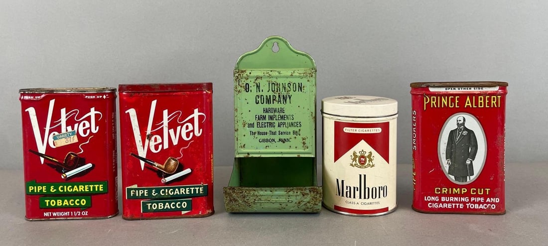 Group of Tobacco Advertising Tins and More: ON Johnson company dispenser measures 6 x 3 1/4 x 3 1/4 inches