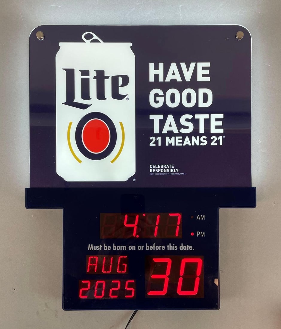 Miller Lite Beer Legal Age Light-Up Advertising Calendar: Like new, working condition, measures 18 x 14 1/2 x 1 1/2 inches