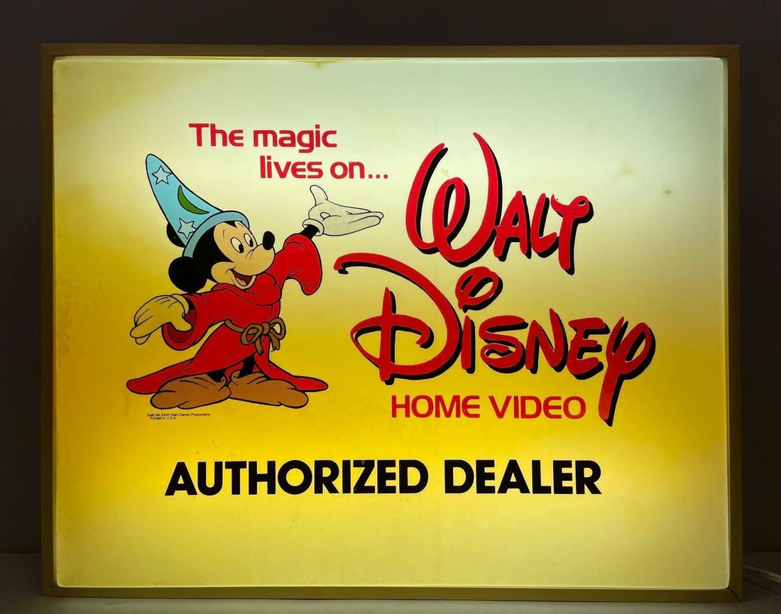 1982 Walt Disney Home Video Authorized Dealer Light-Up Advertising Sign: Working condition, measures 20 1/4 x 25 1/4 x 4 inches