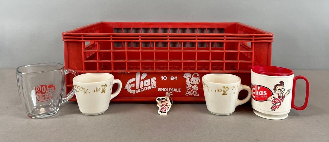 Group of Elias Brothers Big Boy Advertising Items: Crate measures 6 3/4 x 19 x 13 1/4 inches