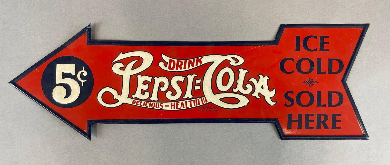 Pepsi Cola Metal Arrow Advertising Sign: Measures 8 3/4 x 27 1/4 inches