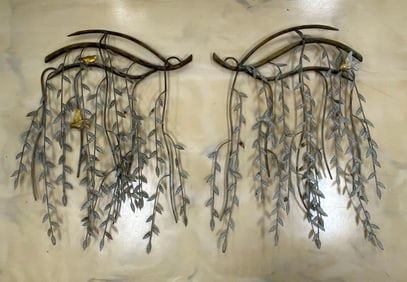 Pair of Cast Metal Bird and Willow Branch Wall Decor