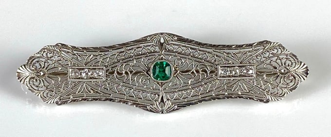 14K White Gold Emerald and Diamond Filagree Brooch