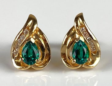 Pair of 14K Gold Emerald and Diamond Stud Earrings