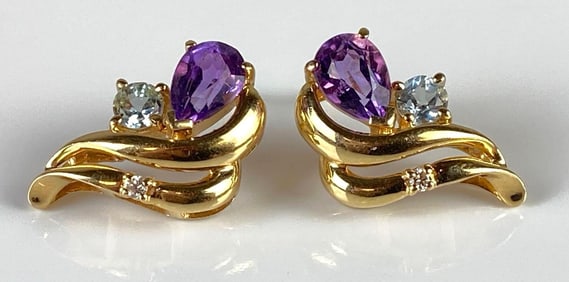 14K Gold Amethyst, Topaz, and Diamond Stud Earrings