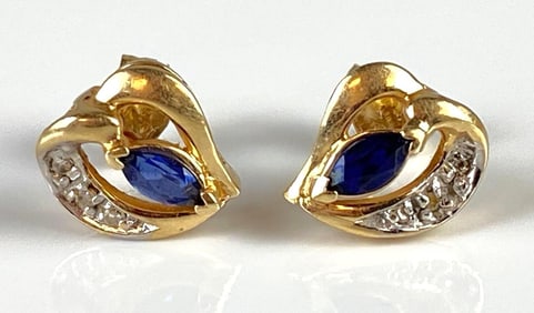 Pair of 14K Gold Sapphire and Diamond Heart Stud Earrings