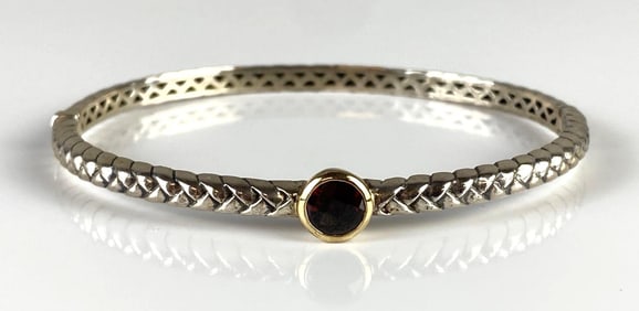 T&C Sterling Silver and 14K Gold Garnet Bangle Bracelet