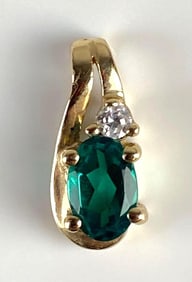 10K Gold Emerald and CZ Necklace Pendant