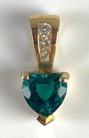10K Gold Emerald and Diamond Heart Necklace Pendant