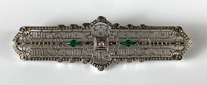 10K White Gold Diamond and Green CZ Filagree Brooch