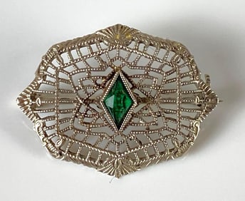 10K White Gold Green CZ Filagree Brooch