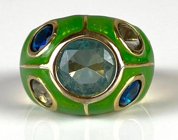 Judith Ripka Blue CZ and Green Enamel Ring