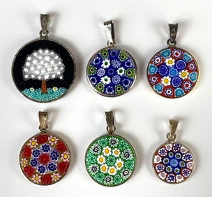 Group of 6 Millefiori Glass Necklace Pendants