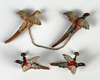 Painted Wood Pheasants Brooch and Screw-Back Earrings Set