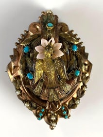 Victorian Brass and Turquoise Bird Locket Brooch