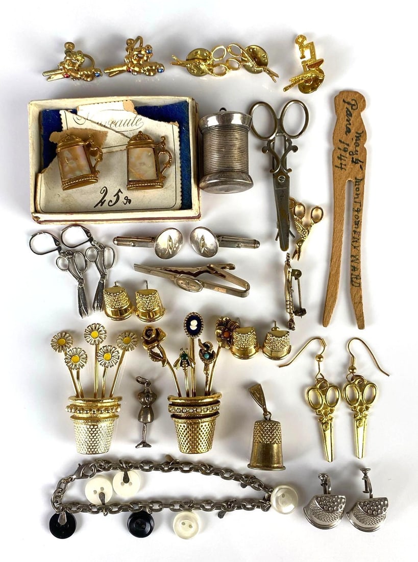 Group of Sewing Themed Costume Jewelry and More: Includes earrings, bracelet, cufflinks, and more, includes thimbles, buttons, scissors, and more, Largest measures 8 inches long.