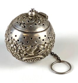 Sterling Silver Spherical Floral Motif Tea Strainer