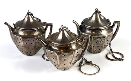 Group of 3 Sterling Silver Teapot Shaped Tea Strainers