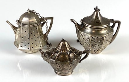 Group of 3 Sterling Silver Teapot Shaped Tea Strainers