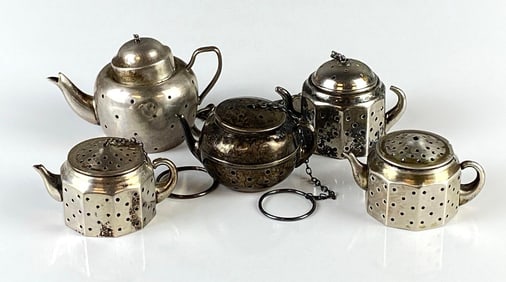 Group of 5 Sterling Silver Teapot Shaped Tea Strainers